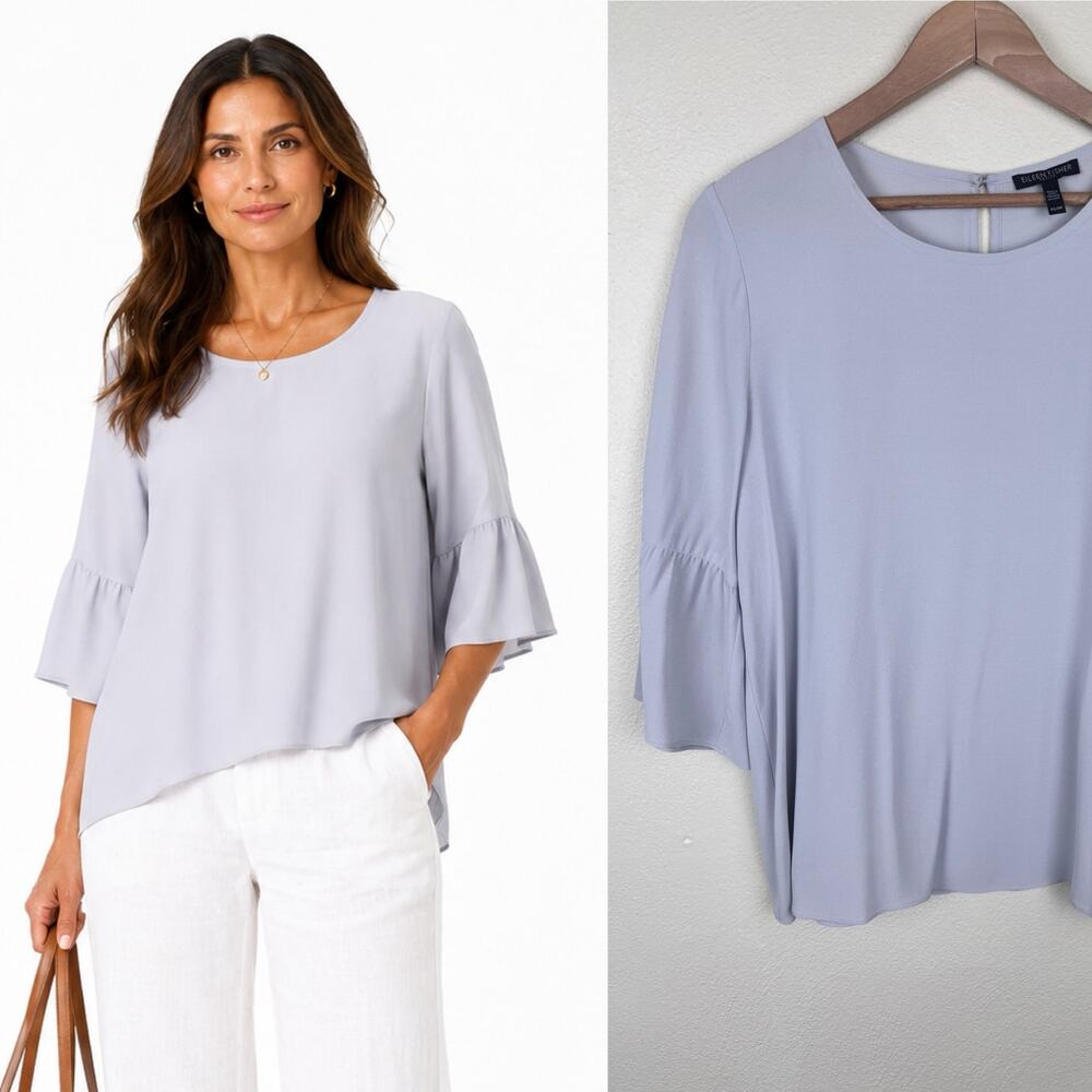 Eileen Fisher 100% Silk Bell Sleeve Blouse Petite Small Gray Top Office Career